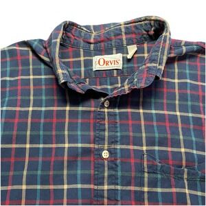 70s Orvis Shirt XL Mens L/S Button Down Cotton Wool Navy Rainbow Plaid USA
